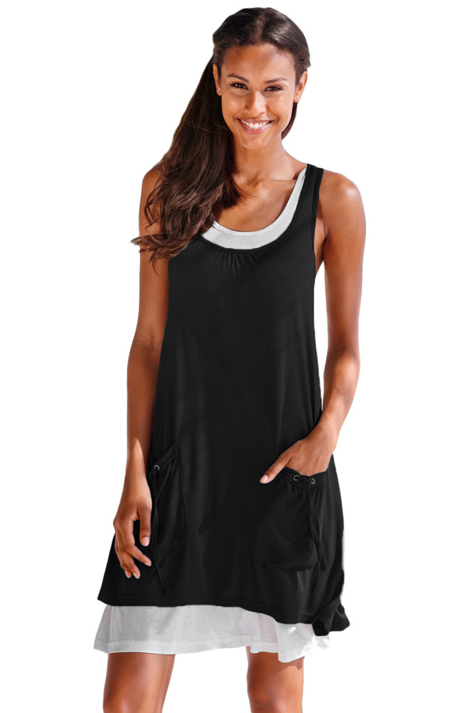 Black Lace-Up Pockets Sleeveless Shirt Dress