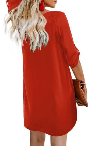 Red V Neck Button Front Roll up Tab Sleeve Dress