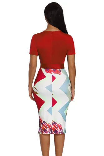 Red Bowknot Short Sleeve Printed Sheath Dress