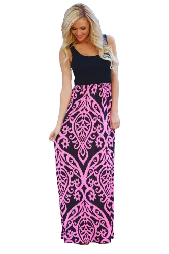 Rosy Damask Print Sleeveless Long Boho Dress