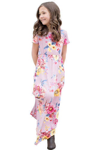 Purple Short Sleeve Floral Print Loose Casual Maxi Dress with Pockets