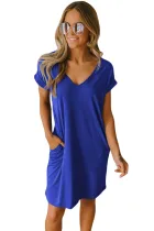 Blue V Neck Cuffed T-shirt Dress
