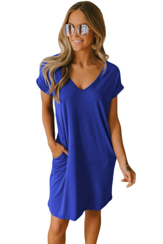 Blue V Neck Cuffed T-shirt Dress