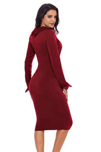 Burgundy Lapel Neck Bodycon Formal Office Dress Pencil Dress