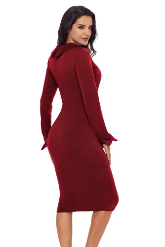 Burgundy Lapel Neck Bodycon Formal Office Dress Pencil Dress