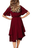 Red Chiffon Irregular Hem Short Sleeve Pleated Dress