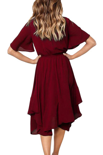 Red Chiffon Irregular Hem Short Sleeve Pleated Dress