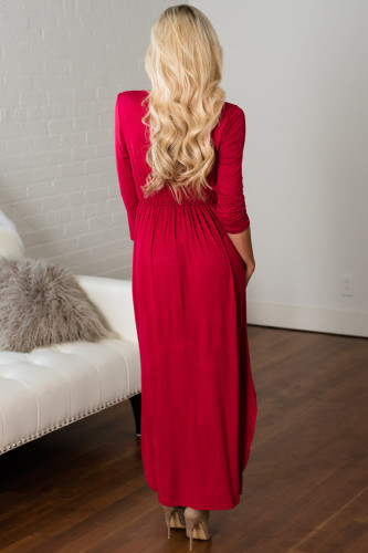 Red Surplice Neck High Waist Pleated Pocket Maxi Dress