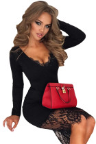 Black Eyelash Lace Overlay Long Sleeve Bodycon Dress