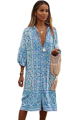 Sky Blue Three-Quarter Sleeve Mid-Calf Print Dress