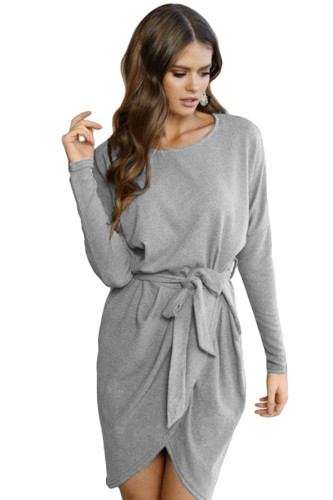 Gray Casual Tie Waist Long Sleeve Mini Dress