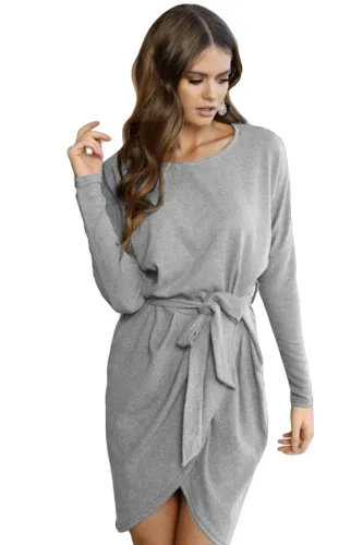 Gray Casual Tie Waist Long Sleeve Mini Dress