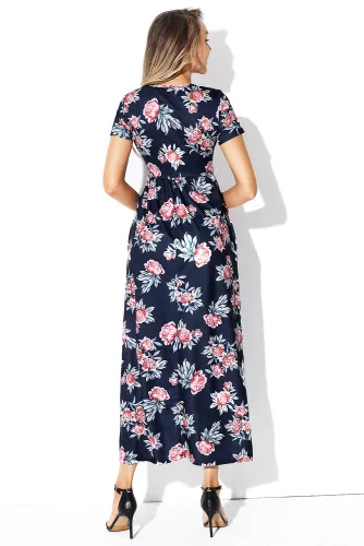 Pocket Design Short Sleeve Dark Blue Floral Maxi Dress