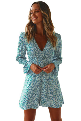 Sky Blue V Neck Floral Print Boho Ruffled Sleeve Dress
