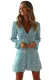 Sky Blue V Neck Floral Print Boho Ruffled Sleeve Dress