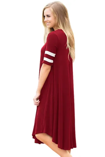 Striped Half Sleeves O Neck Flowy Jersey Dress in Red