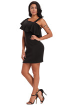 Black One Shoulder Ruffle Elegant Mini Dress