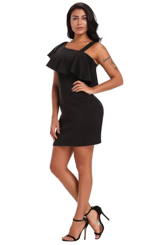 Black One Shoulder Ruffle Elegant Mini Dress