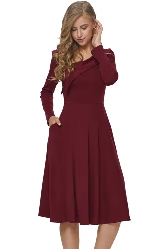 Burgundy Retro Inspired Asymmetric Collar Flared Dress