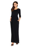Black Pocket Design 3/4 Sleeves Maxi Dress