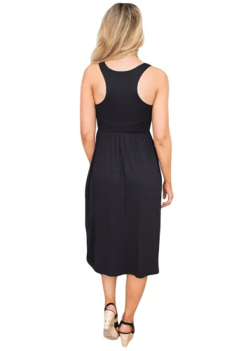 Solid Racerback Midi Jersey Dress in Black