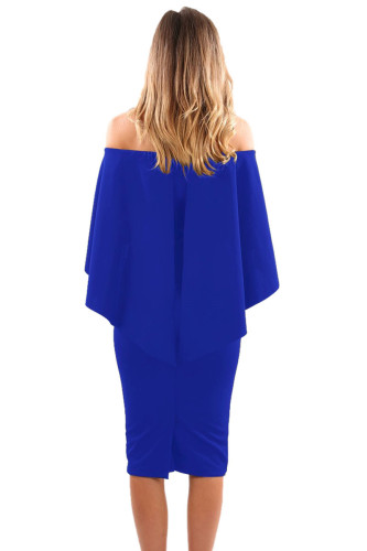 Royal Blue Luxurious Off Shoulder Batwing Cape Midi Poncho Dress
