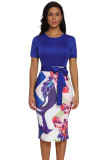 Blue Bowknot Short Sleeve Printed Sheath Dress