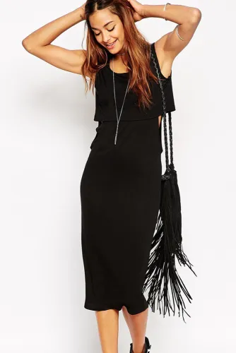 Black Double Layer Side Cutout Midi Dress