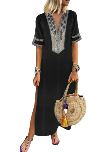 Black Bohemian Floral Print Split Maxi Dress