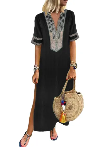 Black Bohemian Floral Print Split Maxi Dress