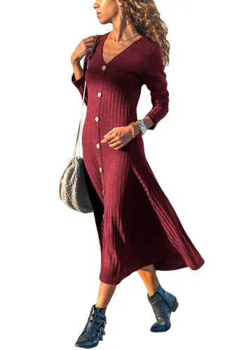 Burgundy Button Front Long Sleeve Ribbed Midi Dress