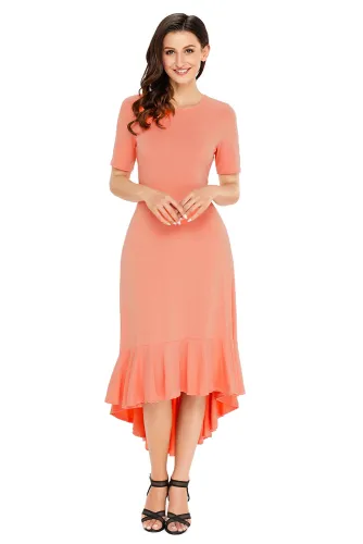 Coral Flowy Ruffles Short Sleeve Casual Dress