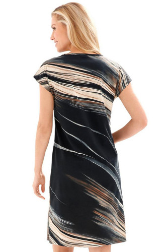 Black Taupe Tie Dye Print Cap Sleeve Sheath Dress