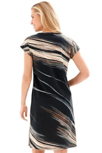Black Taupe Tie Dye Print Cap Sleeve Sheath Dress