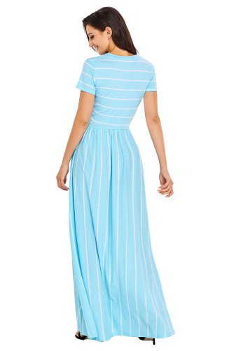 White Striped Light Blue Short Sleeve Maxi Dress