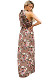 Brown Floral Print Front Slit Halter Boho Dress