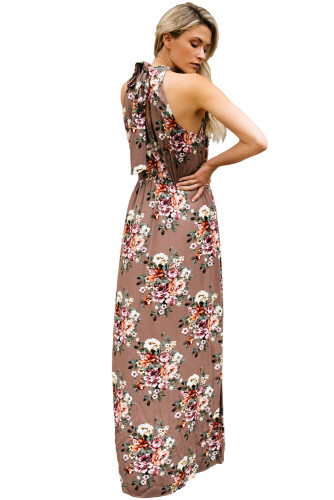 Brown Floral Print Front Slit Halter Boho Dress