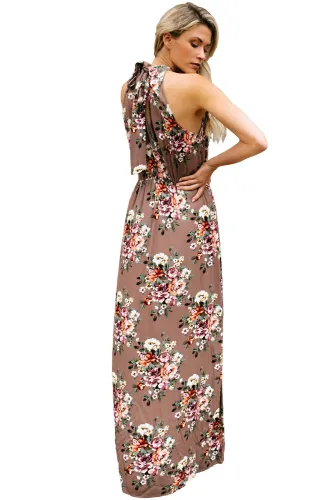 Brown Floral Print Front Slit Halter Boho Dress