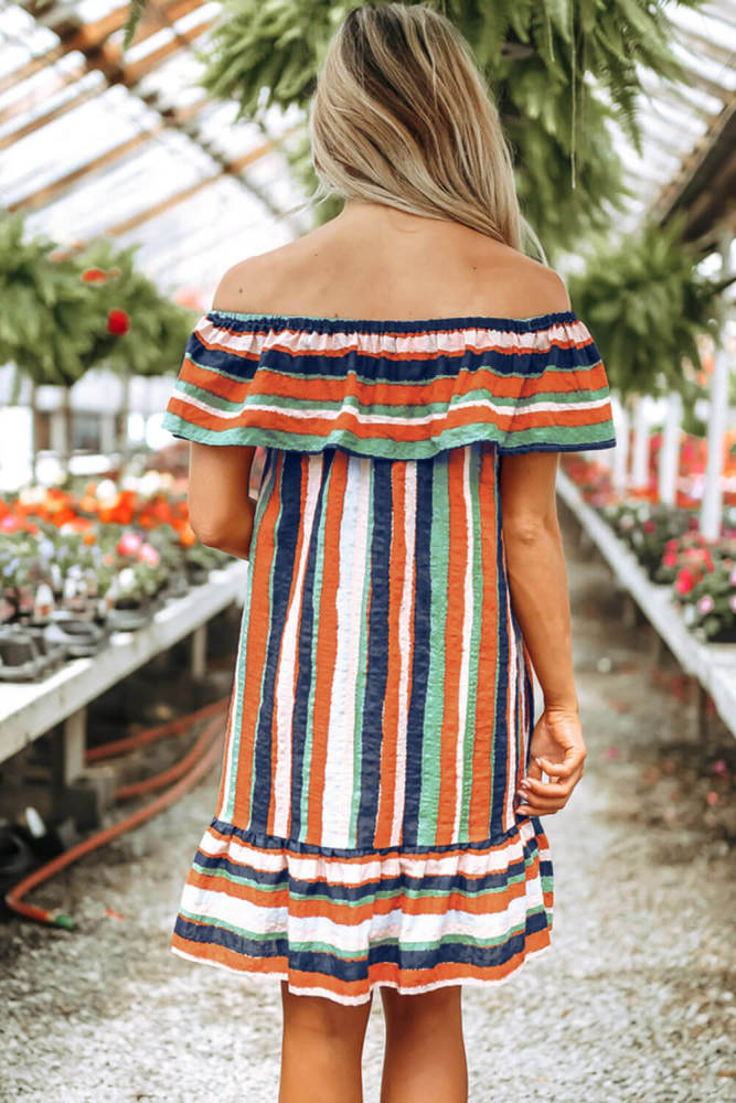 Multicolor Stripes Ruffles Off The Shoulder Dress