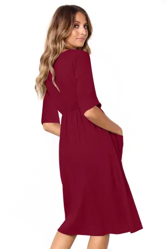Burgundy Button Front Midi Dress with Pockets
