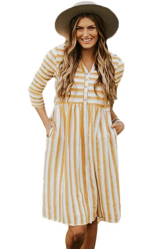 Light Orange Striped Casual Midi Shirt Dress