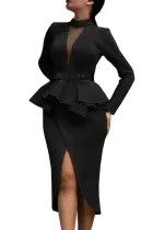 Black Long Sleeve Mid-Calf Falbala Asymmetrical Pullover Dress