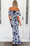 White Tendril Print Navy Off-the-shoulder Maxi Dress