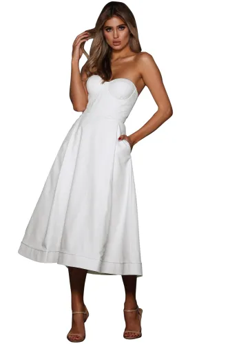 White Sexy Cupped Strapless Midi Dress