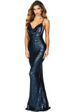Navy Daring Bare Back Sequined Mermaid Gown