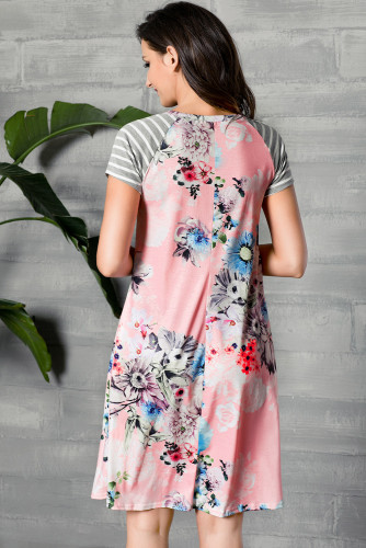 Pink Backdrop Floral Print A-line Loose T-shirt Dress