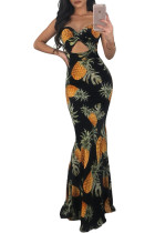 Tropical Queen Pineapple Print Fitted Long Dress