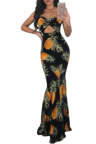 Tropical Queen Pineapple Print Fitted Long Dress