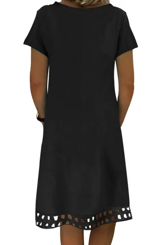 Black Short Sleeve V Neck A-Line Casual Shirt Dress