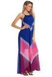 Blue Chevron Color Block Halter Neck Maxi Dress